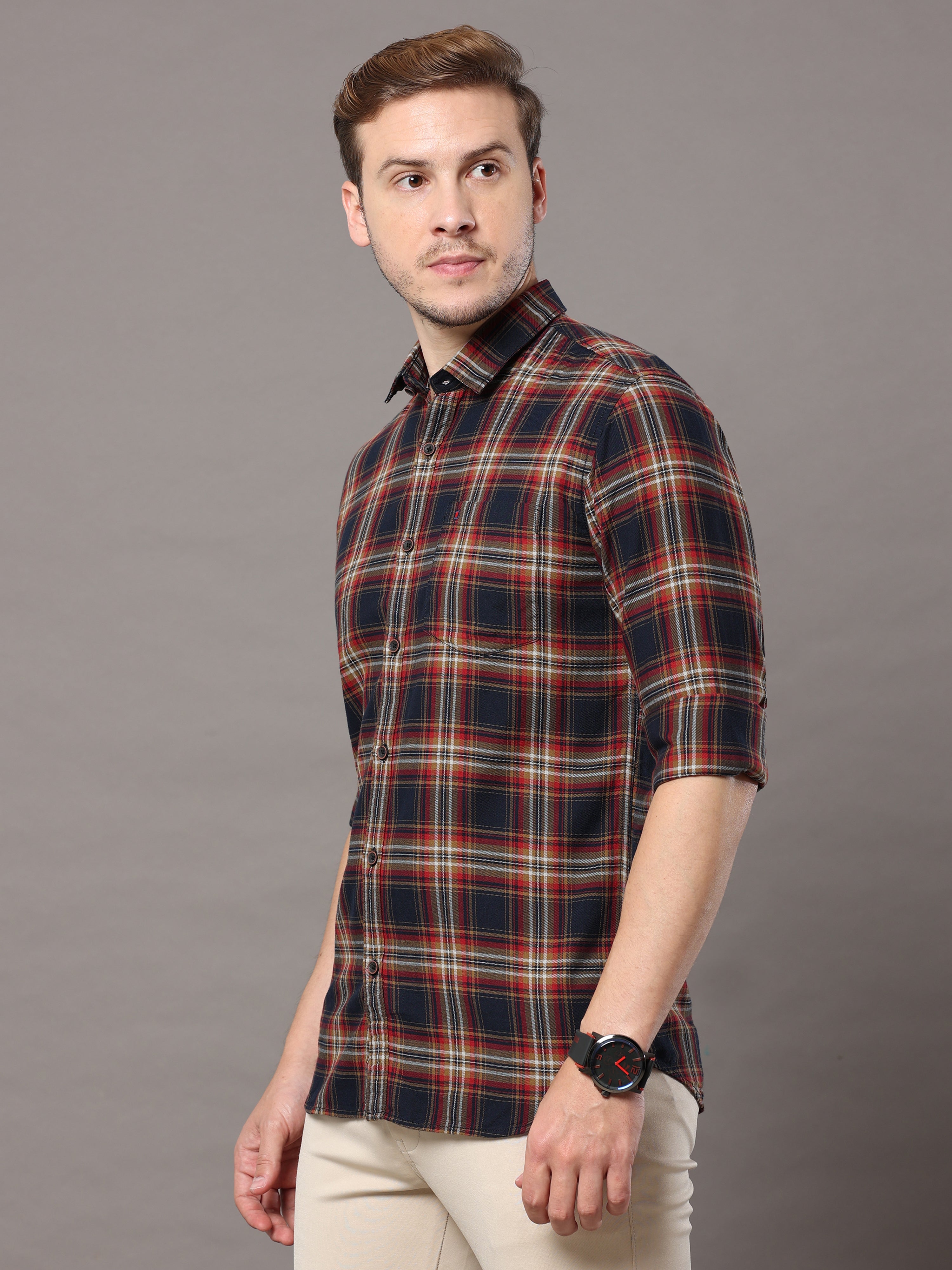 Men's Brown Slim Fit Checks Full Sleeves Casual Shirts