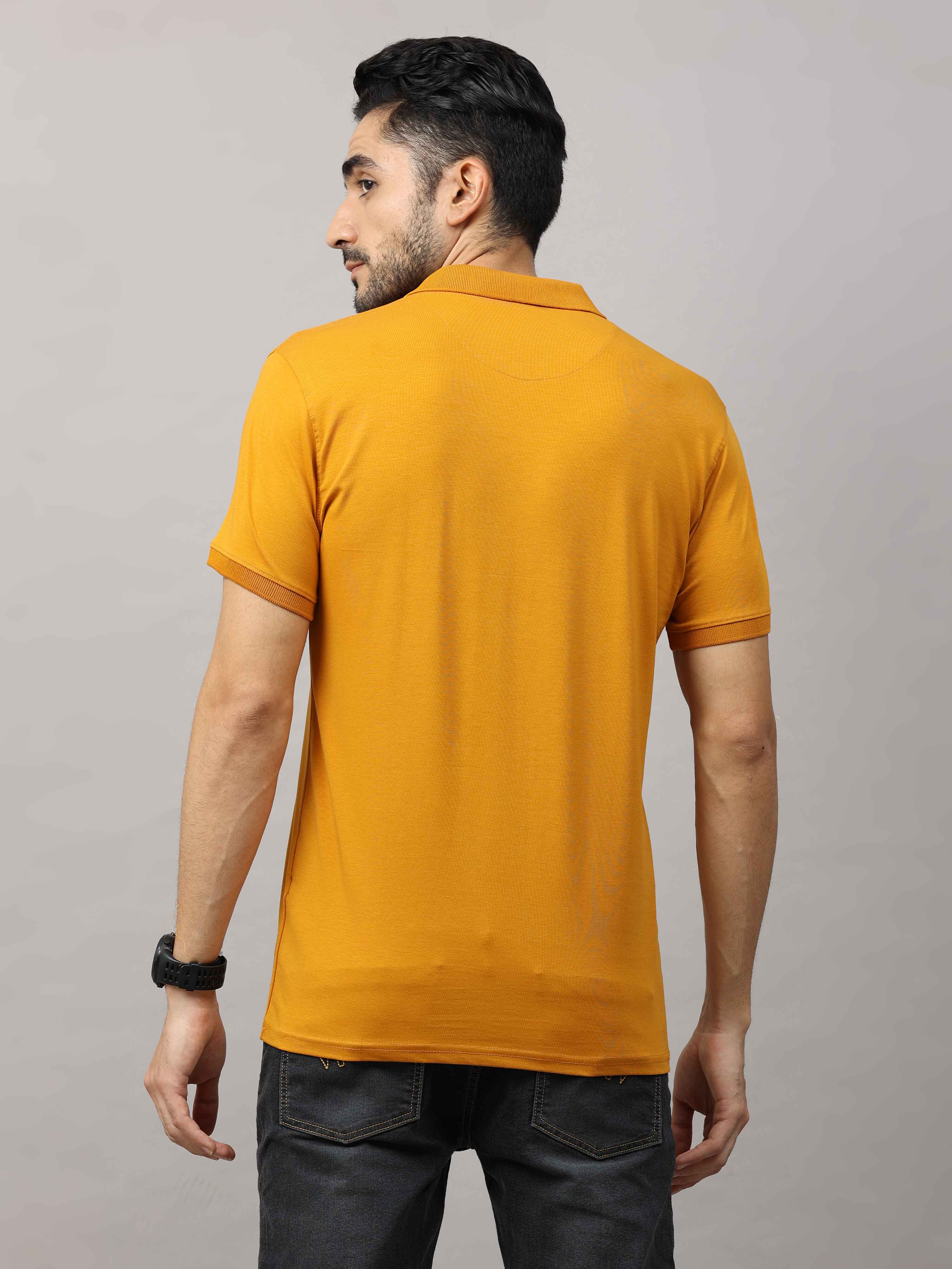Men's Mustard Regular Fit Printed Half Sleeves Polo Neck T-Shirt