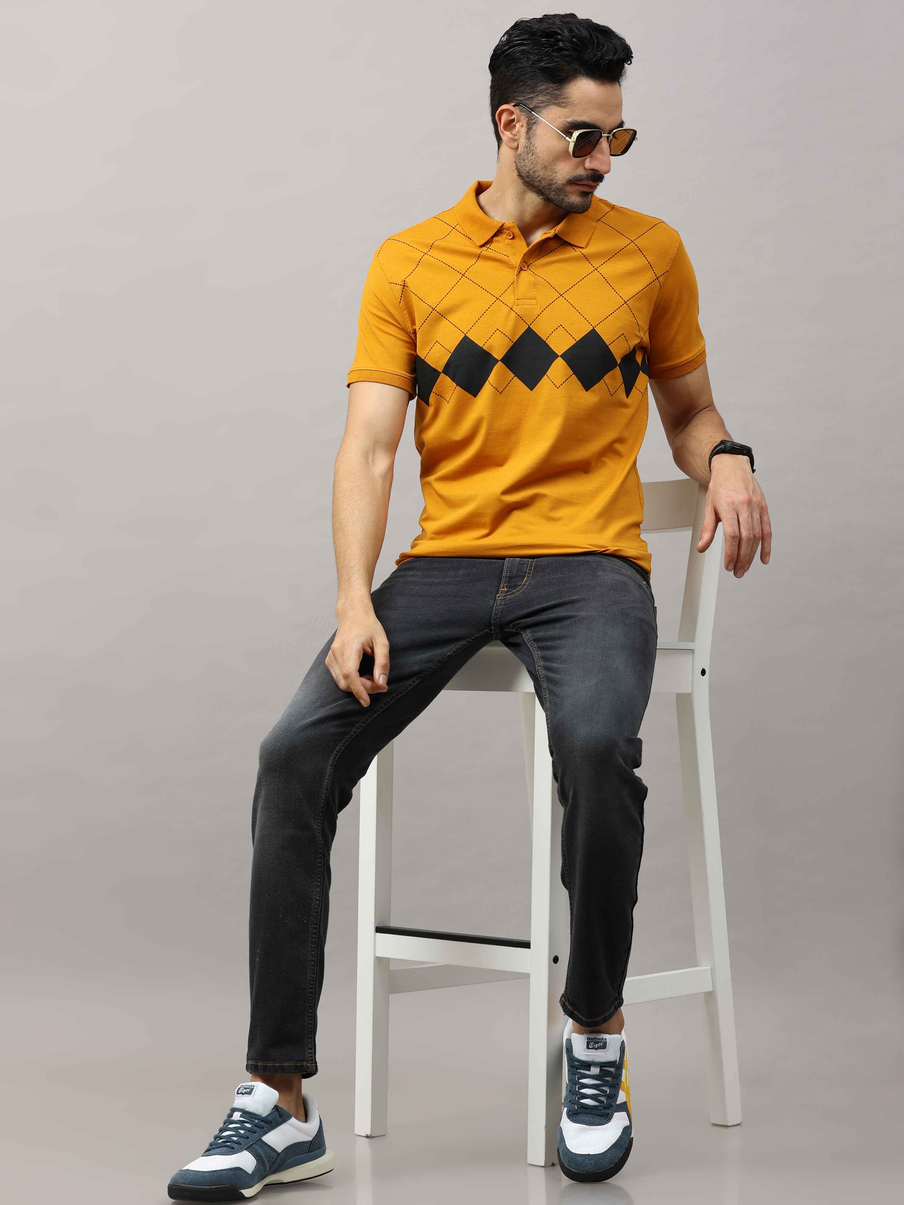 Men's Mustard Regular Fit Printed Half Sleeves Polo Neck T-Shirt