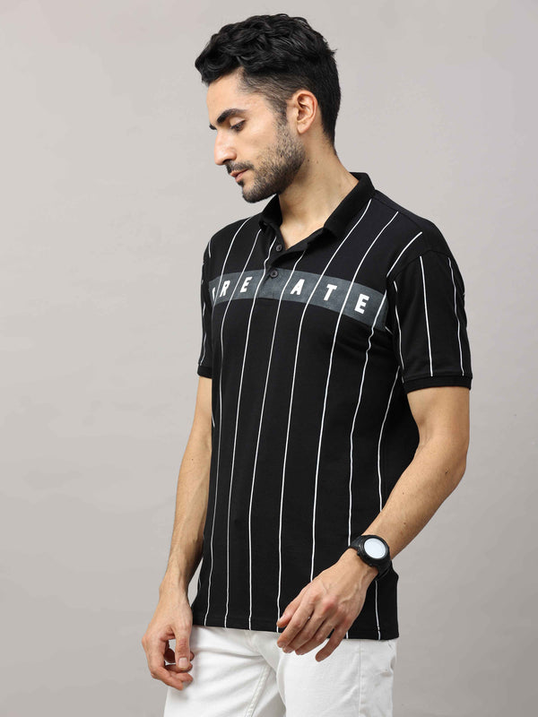 Men's Black Regular Fit Stripes Half Sleeves Polo Neck T-Shirt