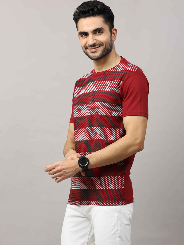 Men's Maroon Regular Fit Printed Half Sleeves Crew Neck T-Shirt