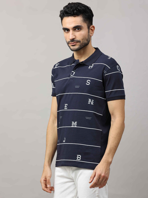 Men's Navy Regular Fit Printed Half Sleeves Polo Neck T-Shirt