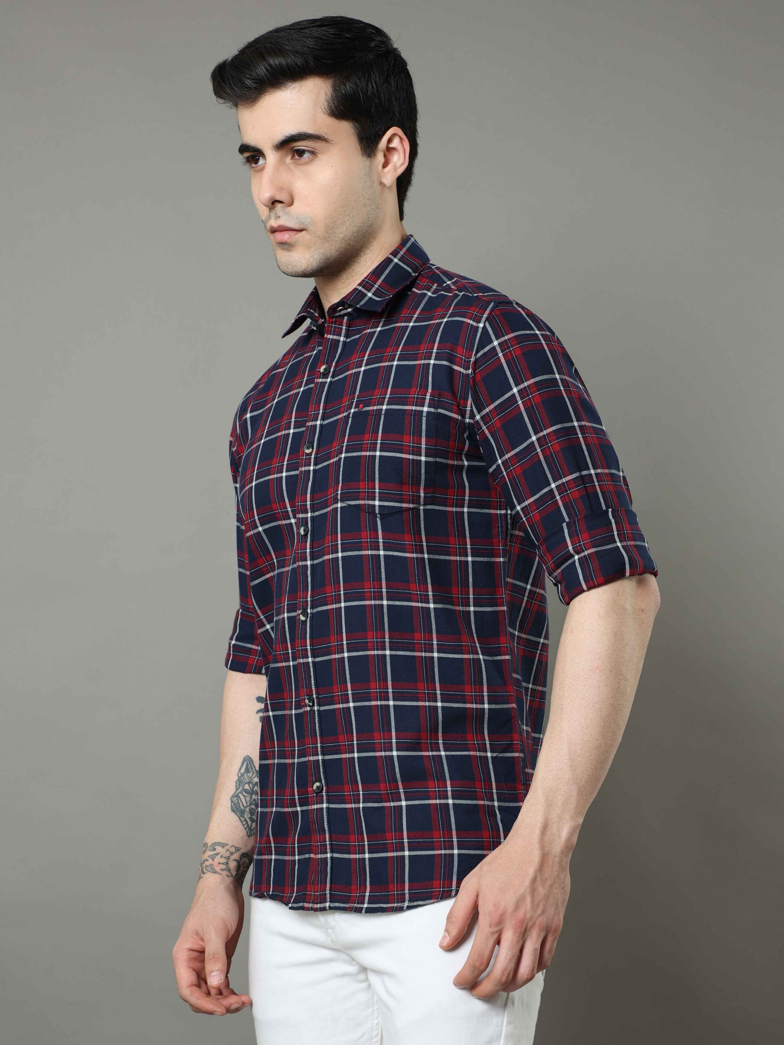 Men's Navy Slim Fit Checks Full Sleeves Casual Shirts