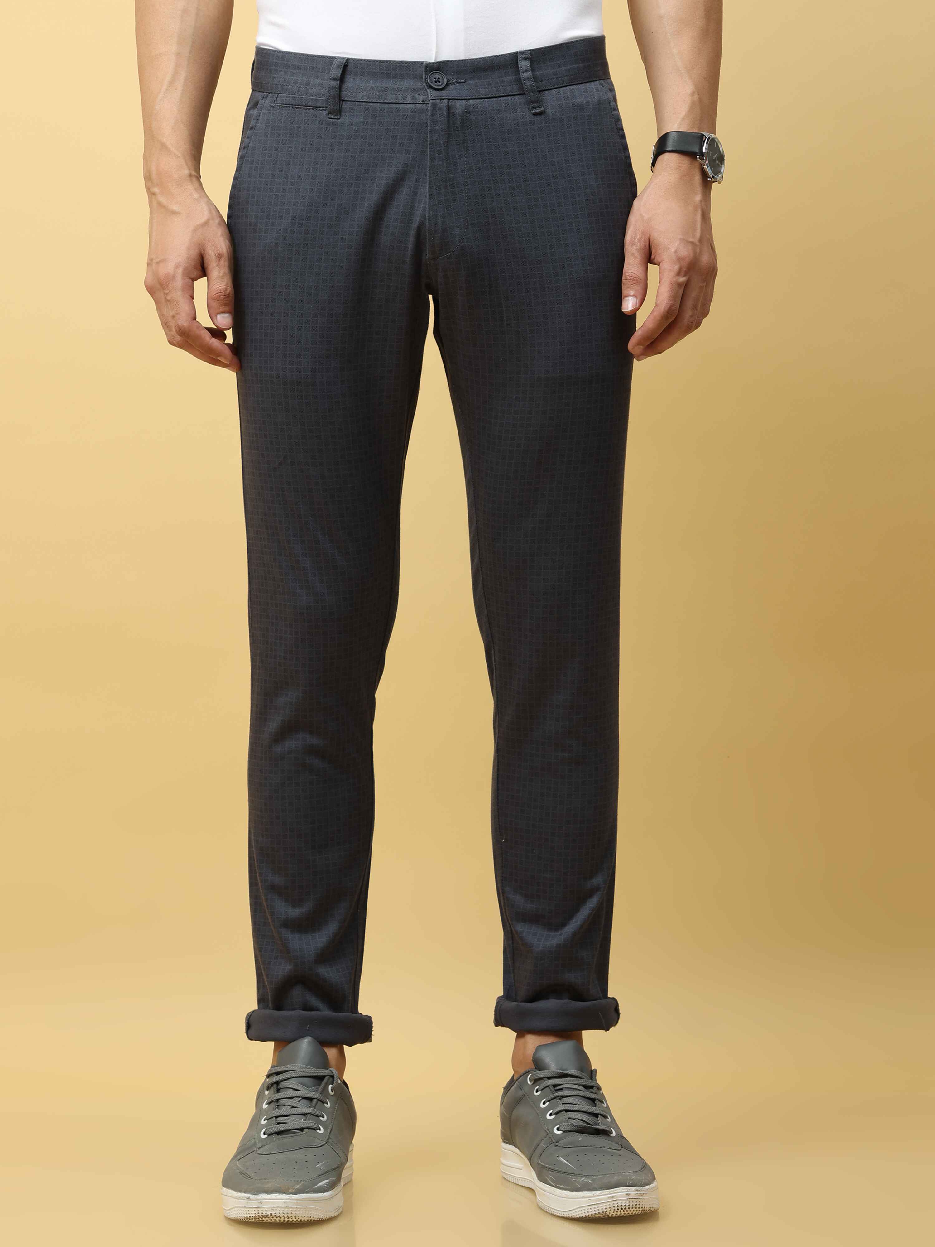 Men's Blue Narrow Fit Dobby Printed Casual Trouser