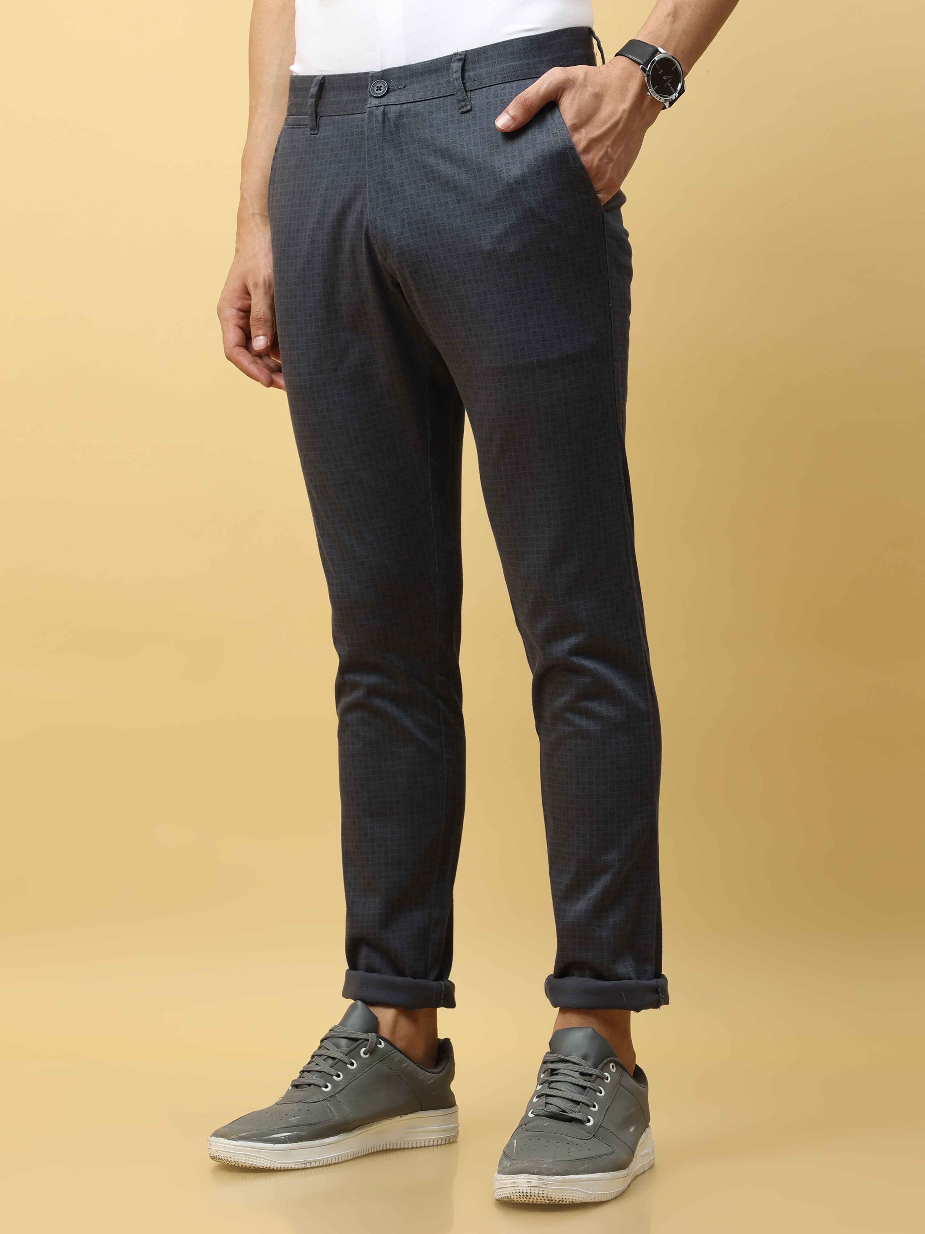 Men's Blue Narrow Fit Dobby Printed Casual Trouser