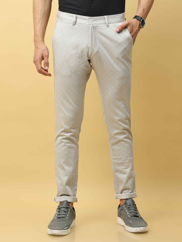 Men's Cream Narrow Fit Dobby Printed Causal Trouser
