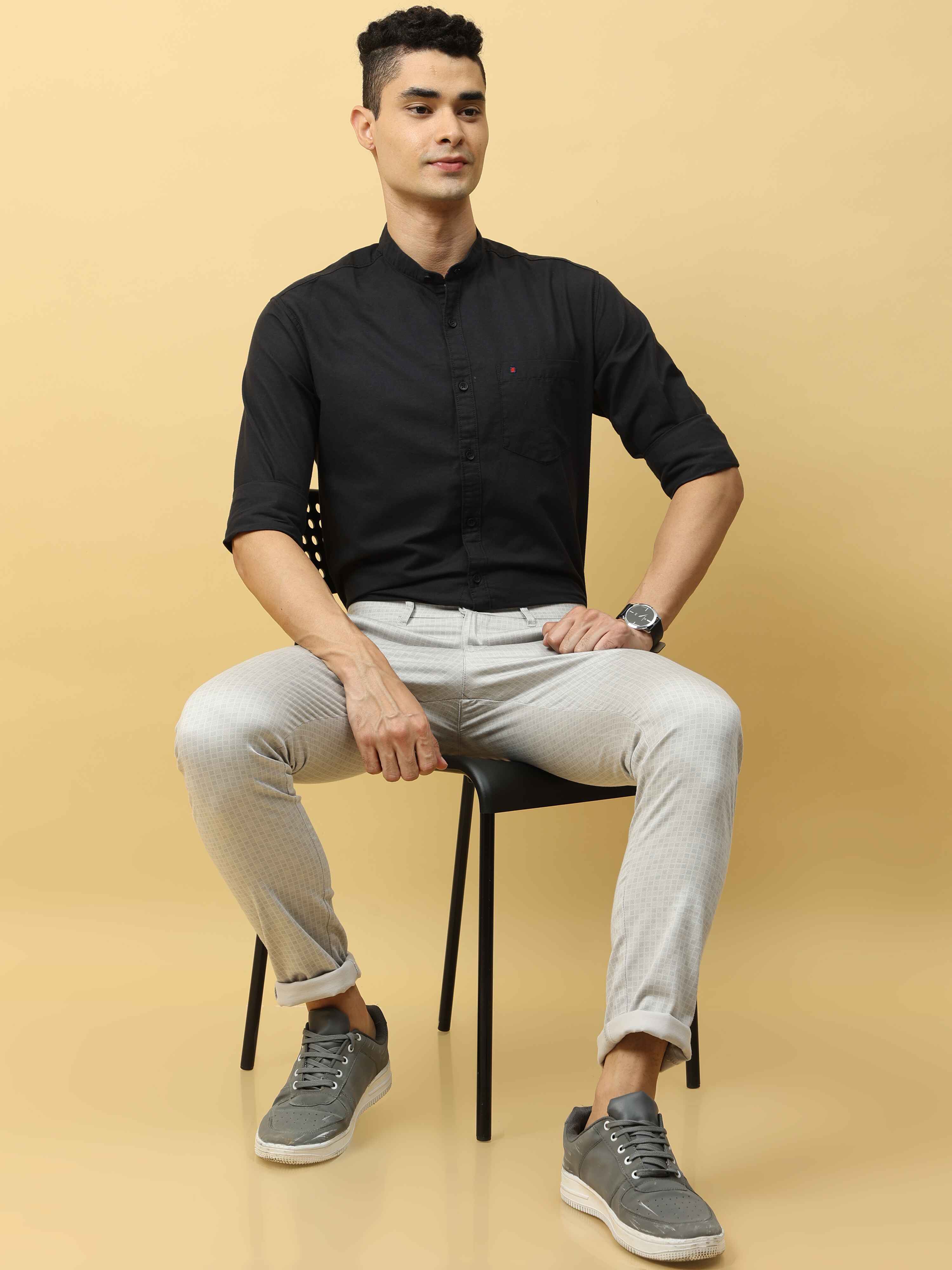 Men's Cream Narrow Fit Dobby Printed Causal Trouser