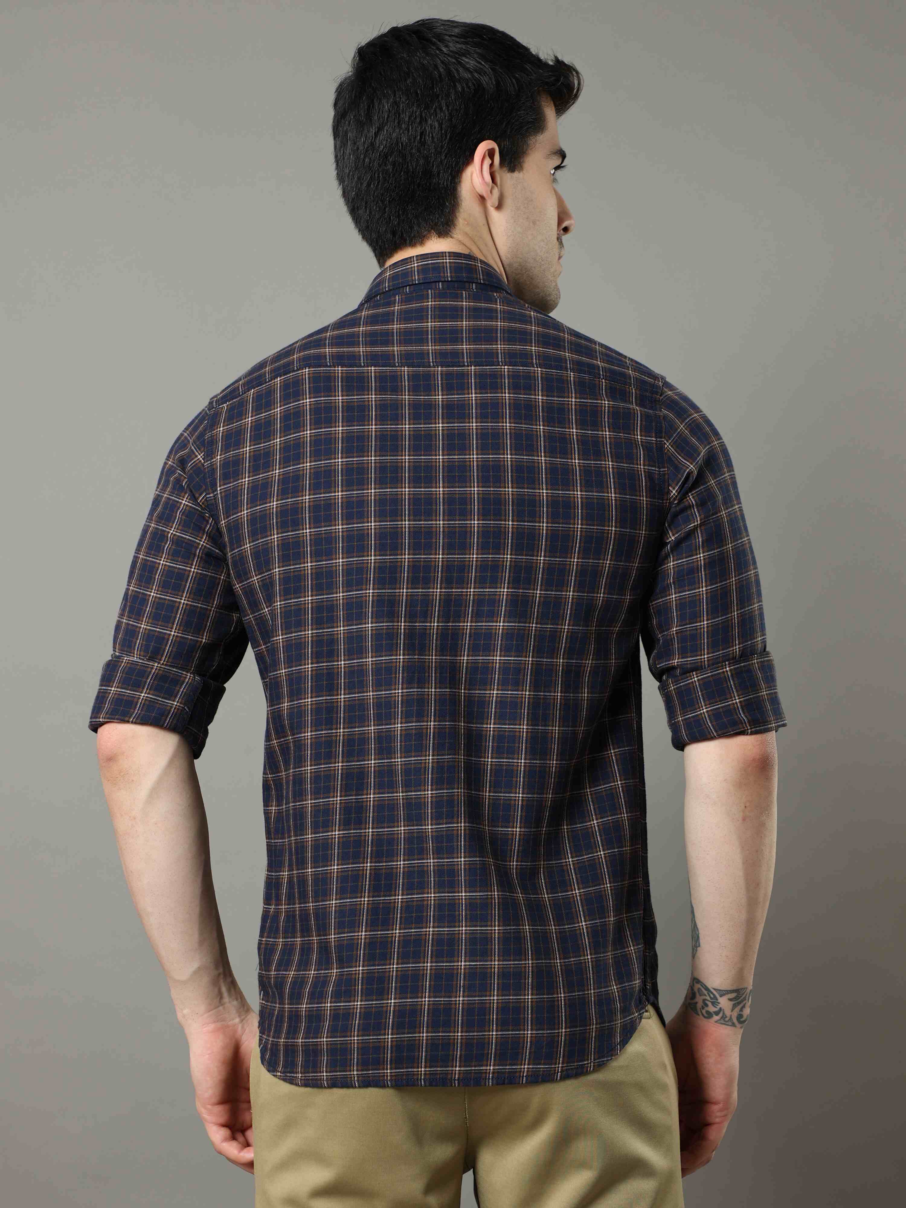 Men's Navy Mustard Slim Fit Checks Full Sleeves Casual Shirts