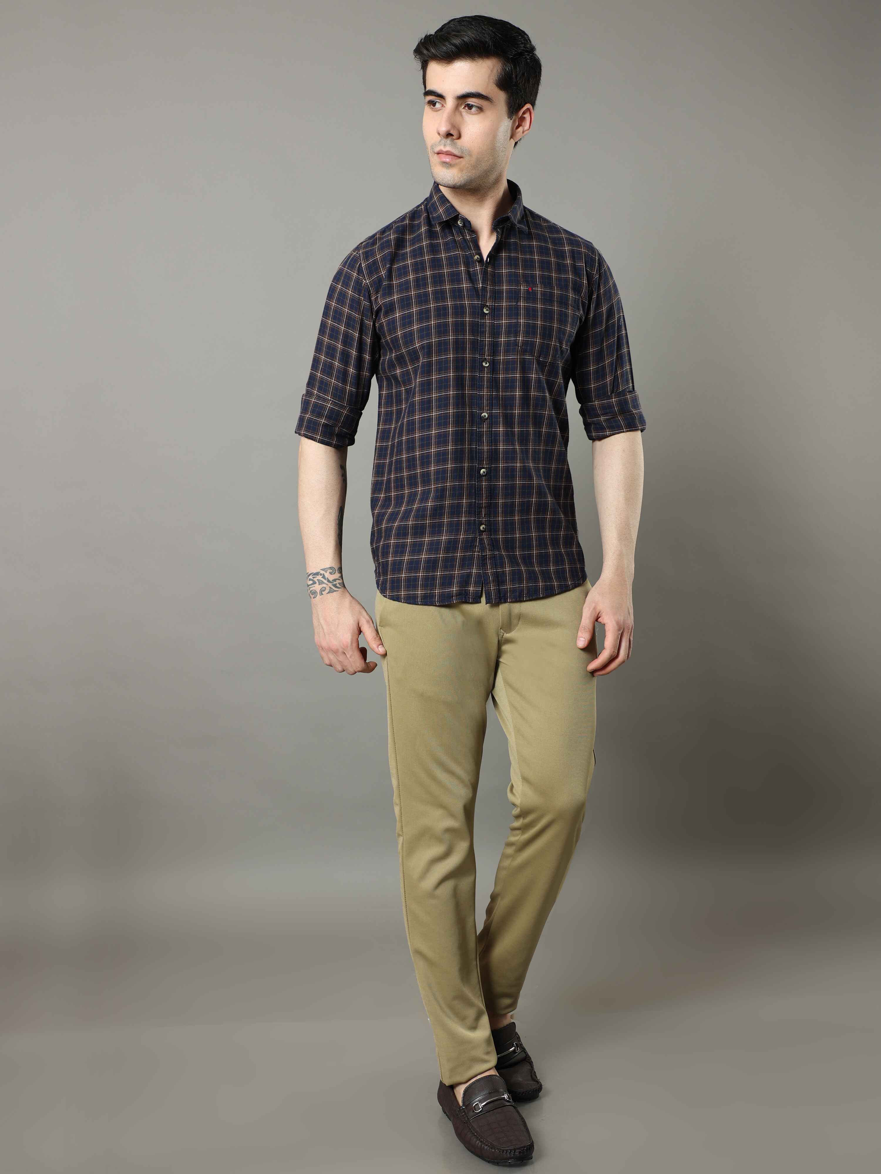 Men's Navy Mustard Slim Fit Checks Full Sleeves Casual Shirts