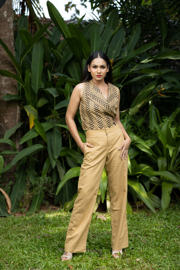 Caramelle Camel Coloured Cotton Linen Straight Fit Pants For Everyday And Office Wear Studio Sienna