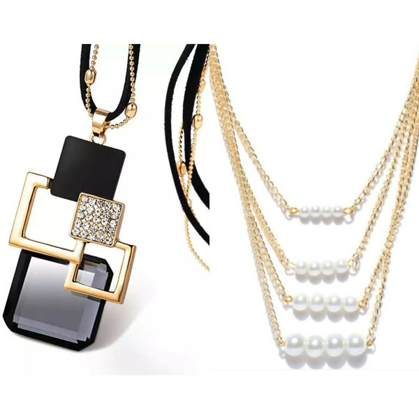Pearl & Crystal Layered Necklace Set – 2-Piece Elegant Jewelry