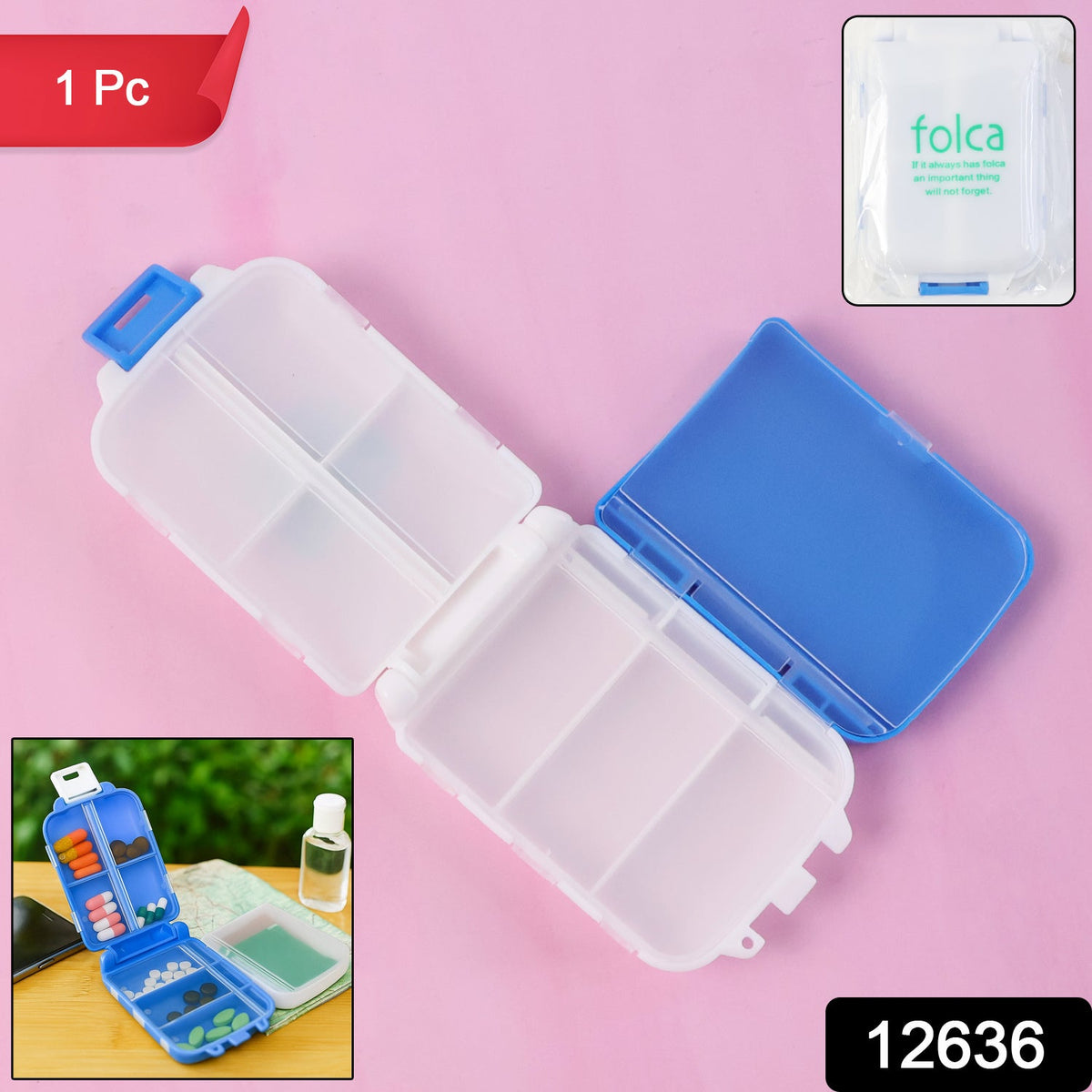 Portable Blue Dual-sided Pill Organizer Box 8-Compartment Pocket Medicine Case with Secure Snap Locks – Moisture-Resistant(1 Pc) HP DD