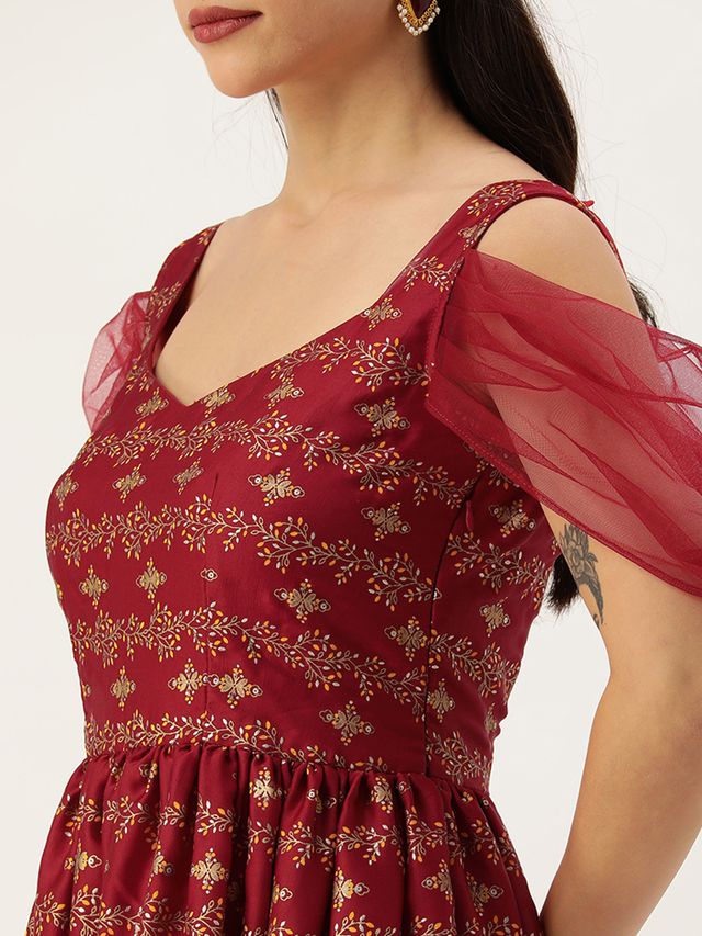 Bollywood Vogue Ready To Wear Maroon Art Silk Foil Printed Gown