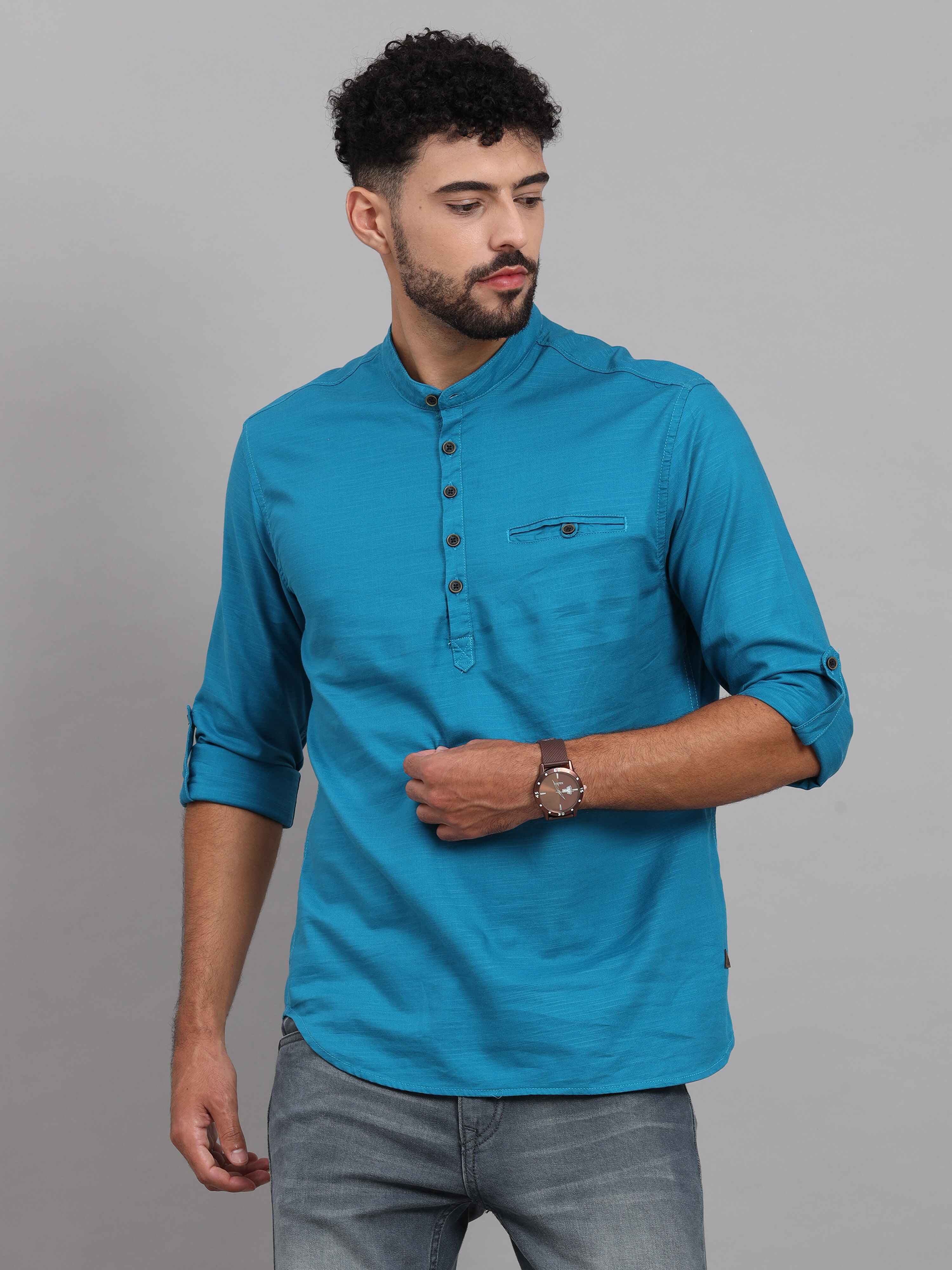 Men's Blue Slim Fit Solid Full Sleeves Linen Casual Kurta Shirts