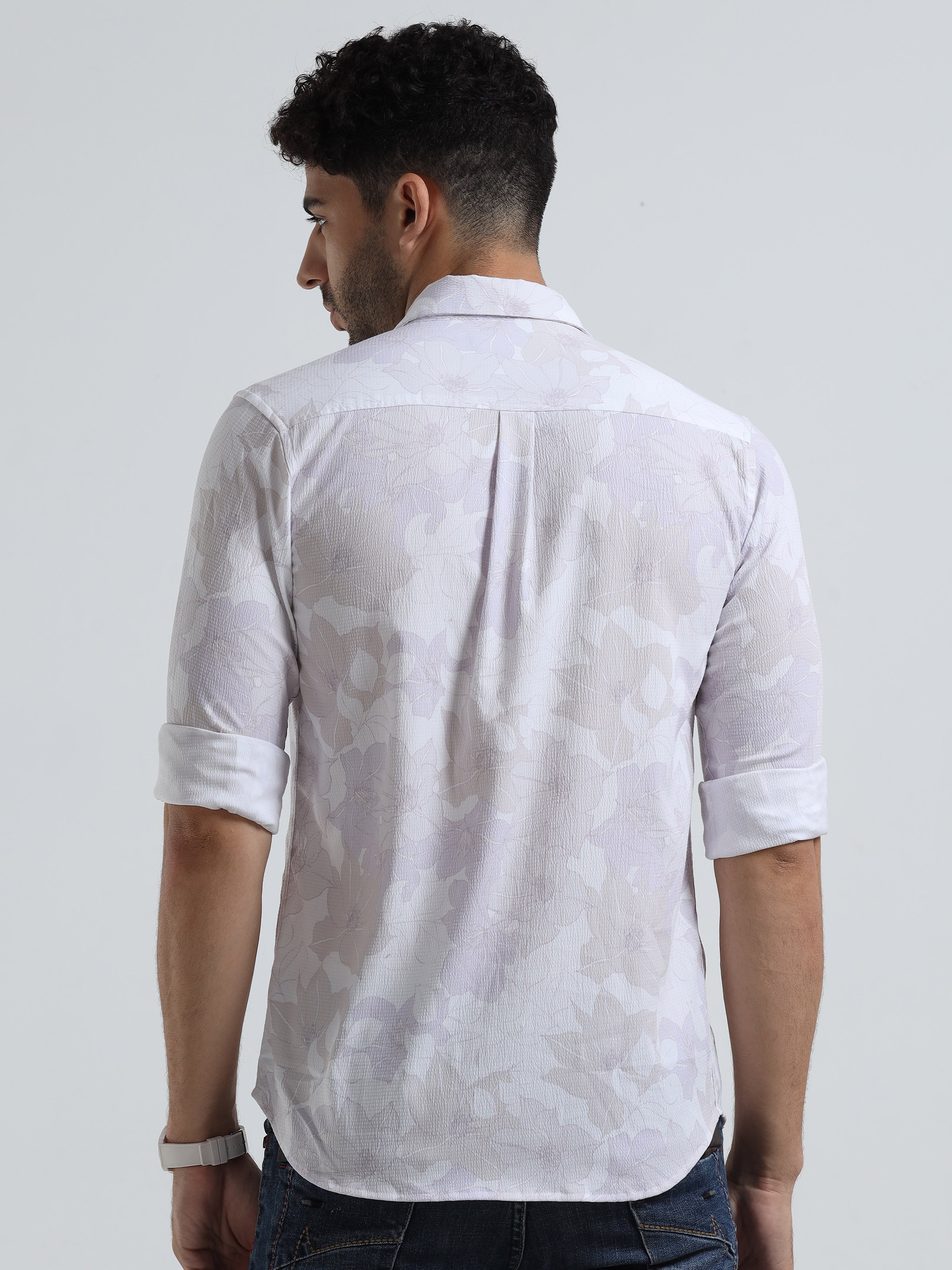 Men's Light Cream Slim Fit Printed Popcorn Full Sleeve Casual Shirt