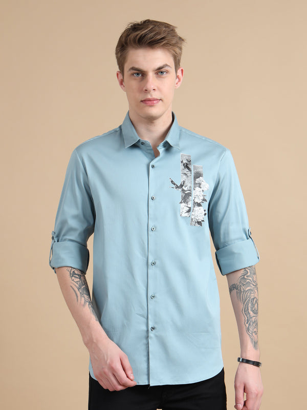 Men Sky Blue Slim Fit Solid Chest Print Full Sleeve Casual Shirt Cool Colors