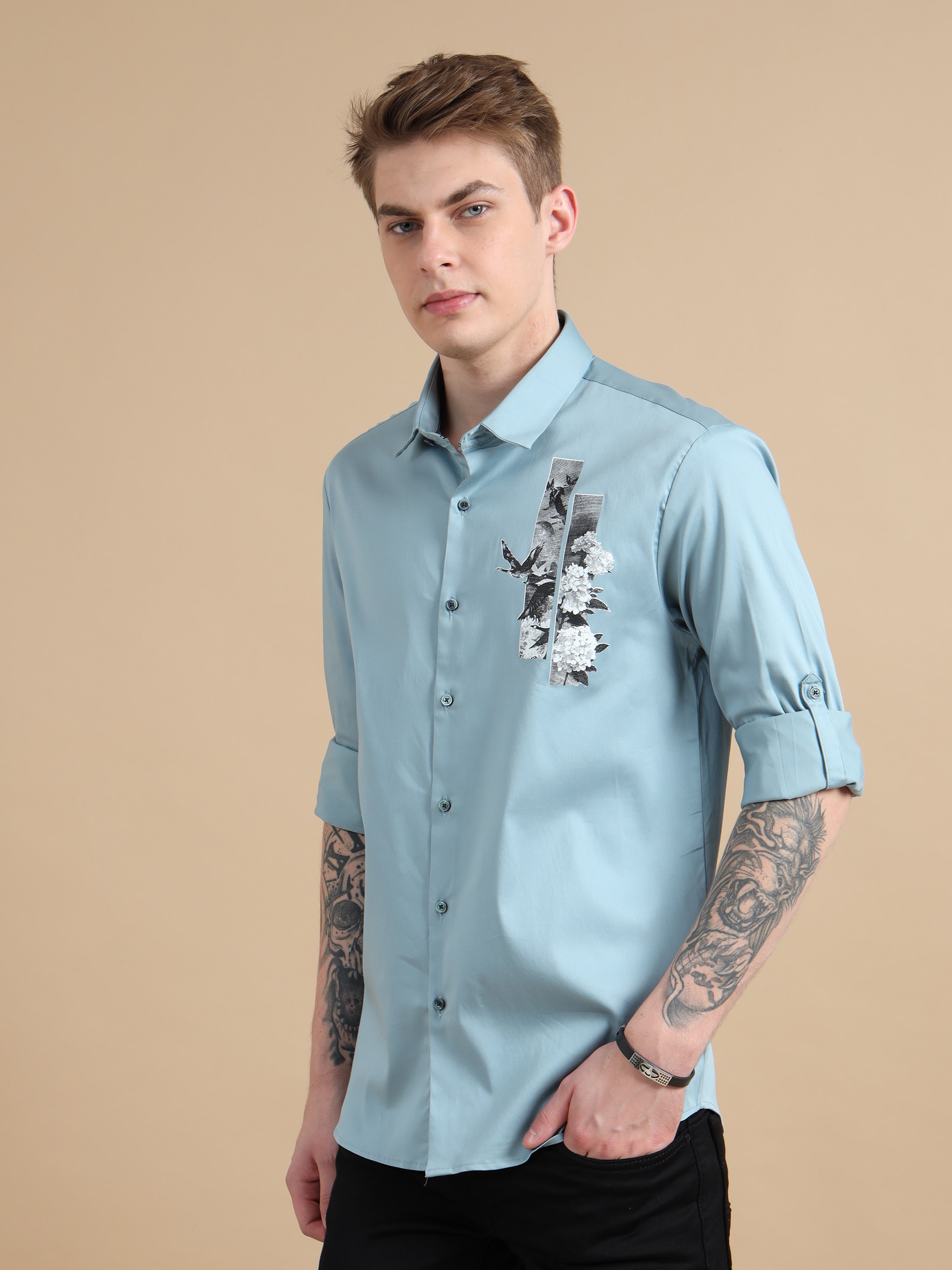 Men Sky Blue Slim Fit Solid Chest Print Full Sleeve Casual Shirt Cool Colors
