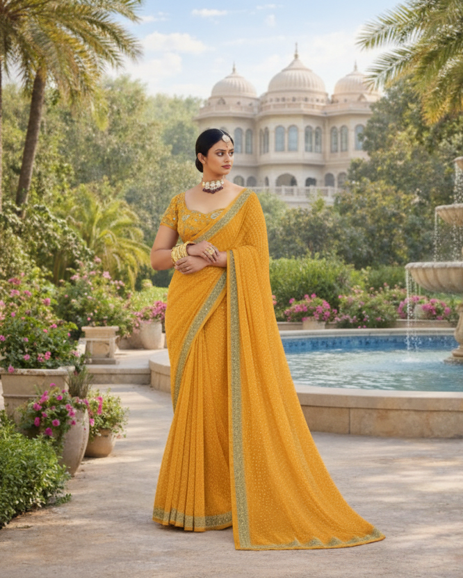 Designer Printed Synthetic Saree with Embroidered Border and Blouse Piece Festive Wear Kalyani silks and sarees