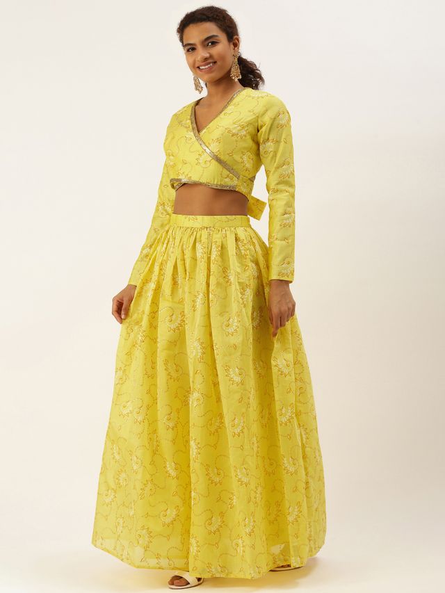 Bollywood Vogue Ready To Wear Yellow Foil Printed Art Silk Gathered Lehenga