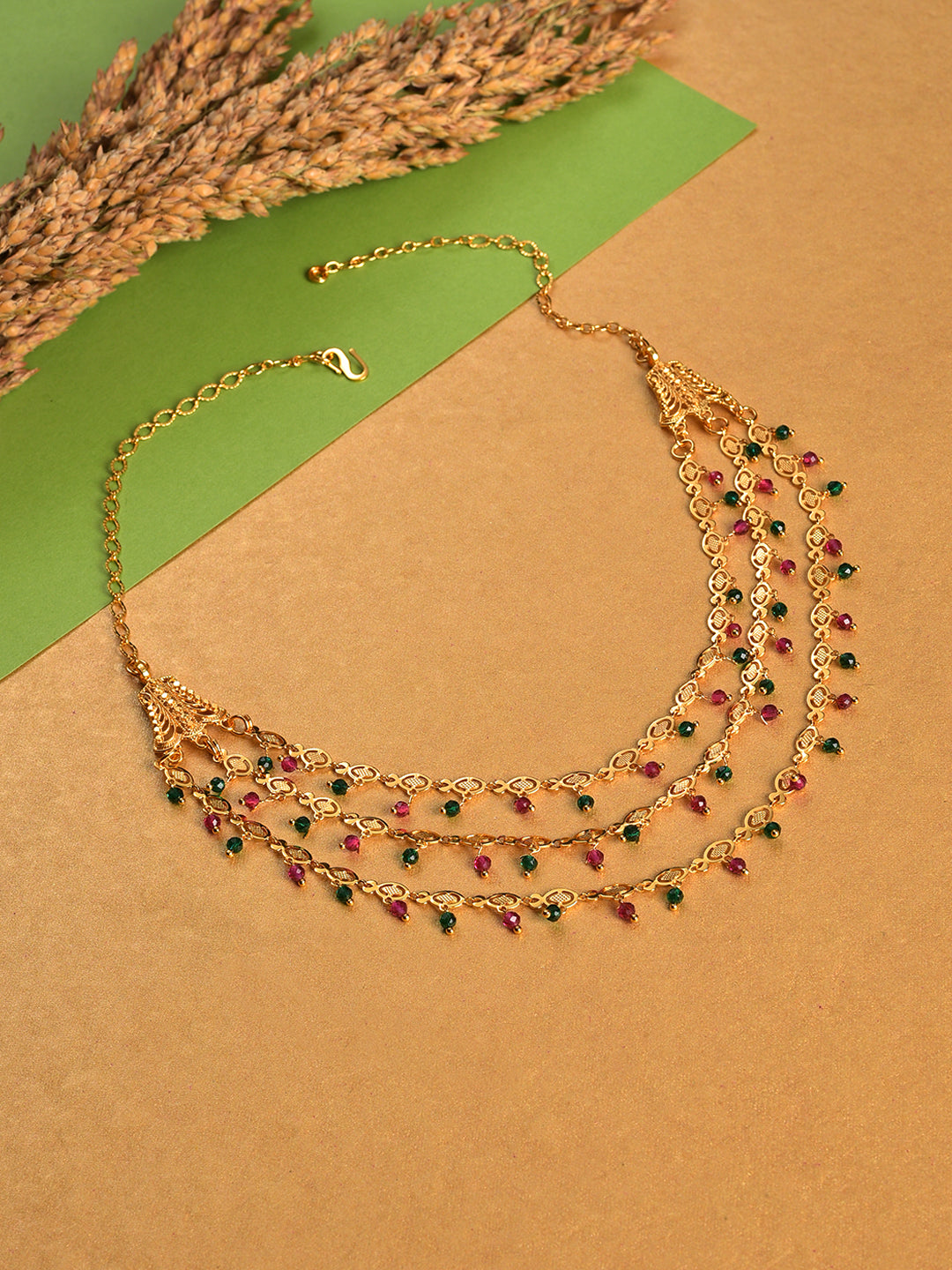 Women High Micron Gold-Plated Red & Green Colored Layered Necklace