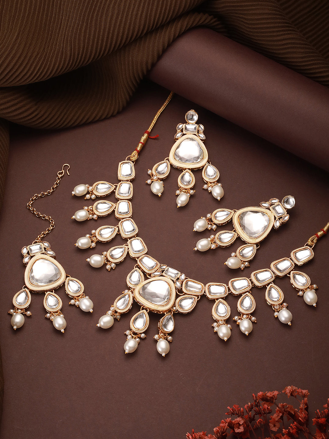 Jazz And Sizzle 22K Gold Plated Kundan And Zircon Studded Jewellery Set With Maangtikka
