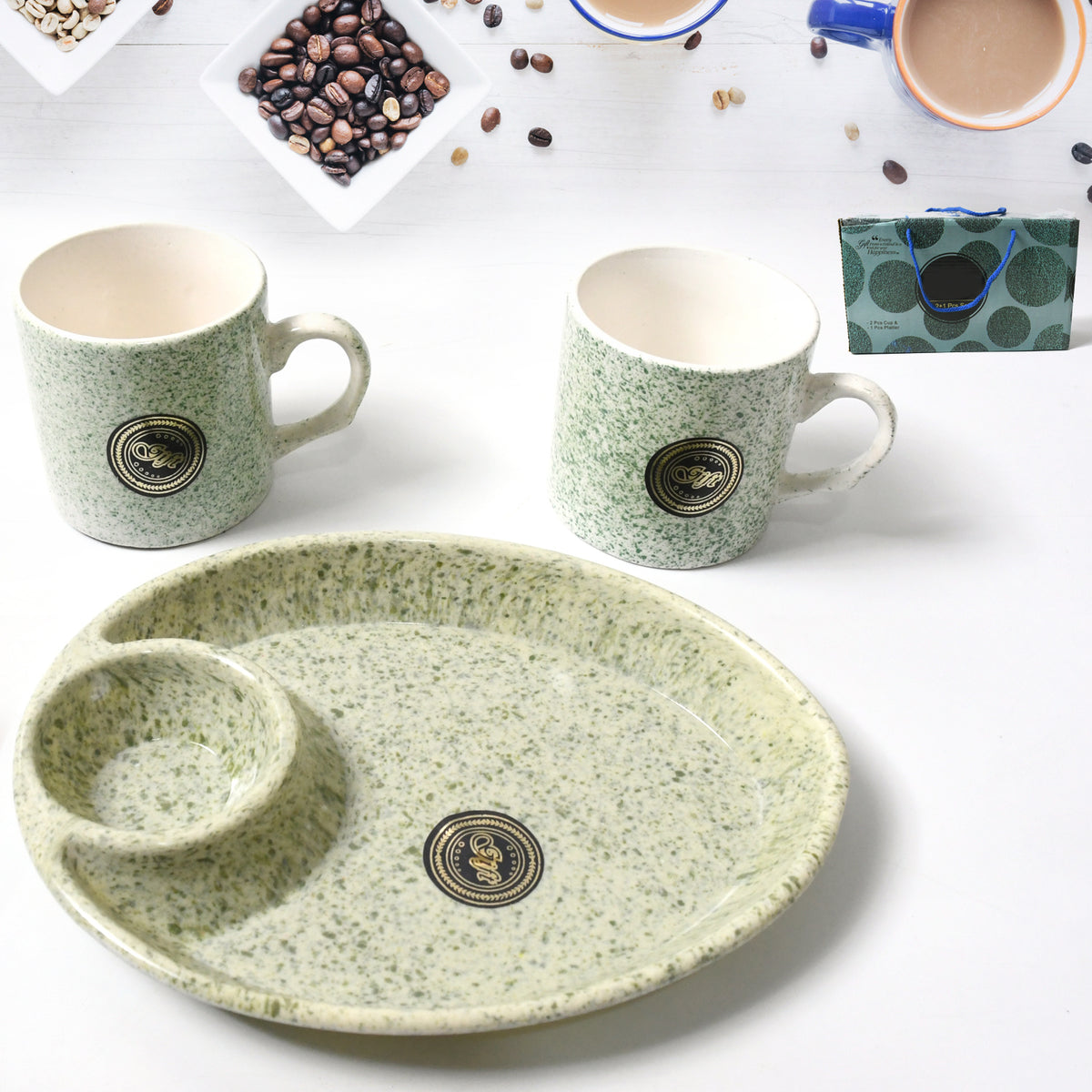 Alpino Ceramic Tea Cups Set With Plastic Serving 2 Compartment Platter Milk Cup Mug Coffee Cup Tea Cup Bpa Free Food Grade Or Outdoor For Household Gift For Birthday (3 Pcs Set)
