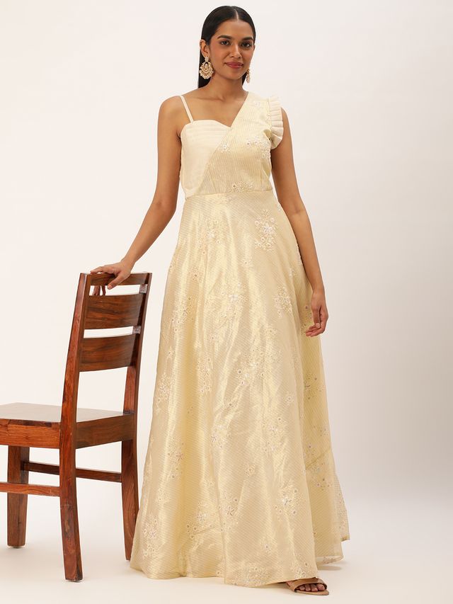 Bollywood Vogue Ready To Wear Cream Art Silk Embroidered Gown