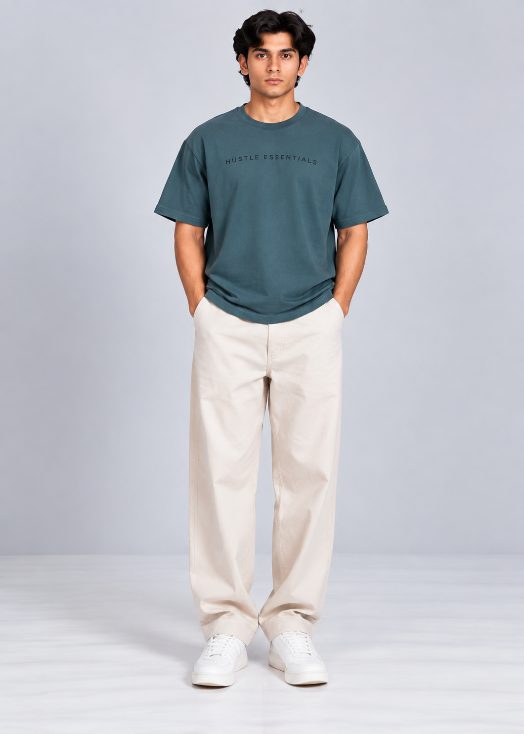 HUSTLE Men's Crew Neck Oversized Tees - Musted Teal Green