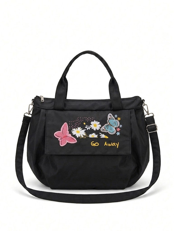 Buddy Cares Women Floral & Butterfly Embroidered Shoulder Bag | Adjustable Crossbody Strap – Black – Buddy Cares