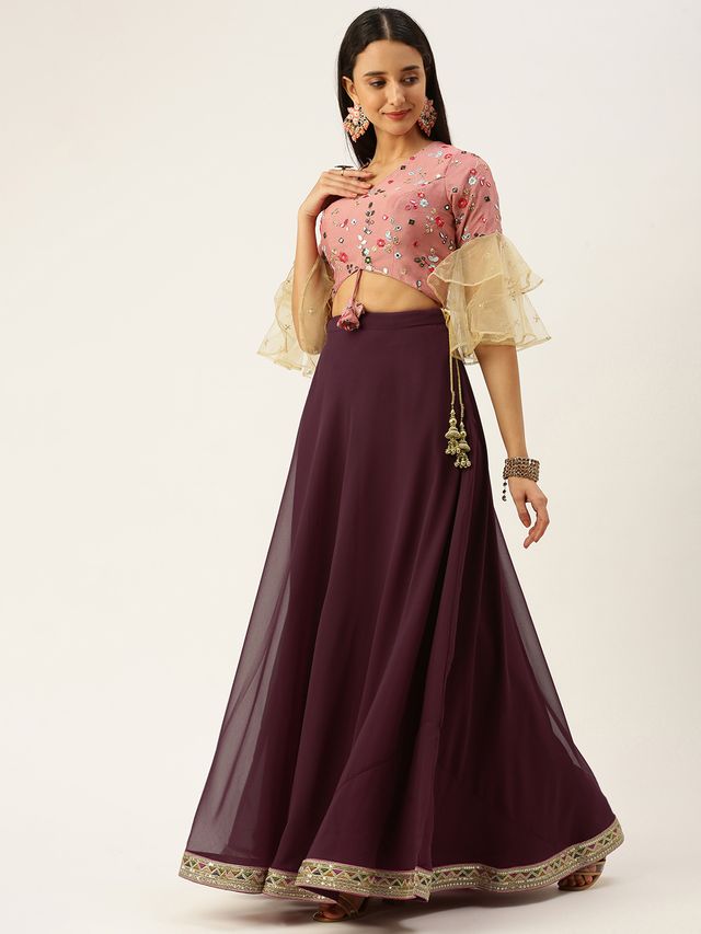 Bollywood Vogue Ready To Wear Wine Viscose Embroidered Pink Lehenga