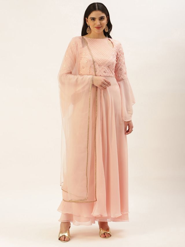 Bollywood Vogue Ready To Wear Peach Georgette Embroidered Anarkali Suit
