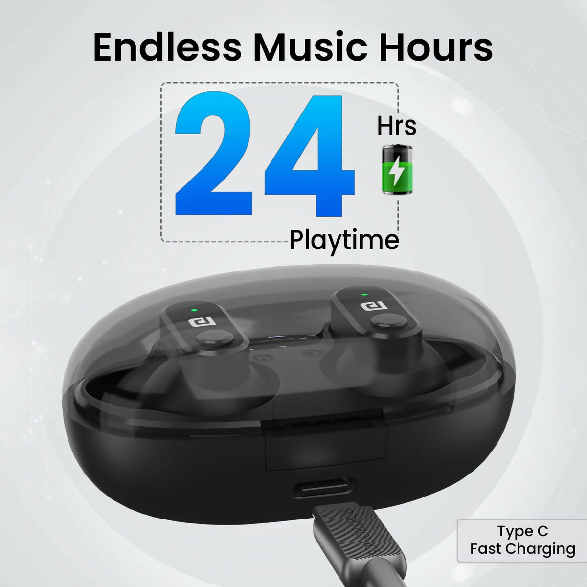 Portronics Harmonics S16 TWS Wireless Earbuds with 24H Playtime, Bluetooth 5.3, Gaming Mode & LED Display – Black