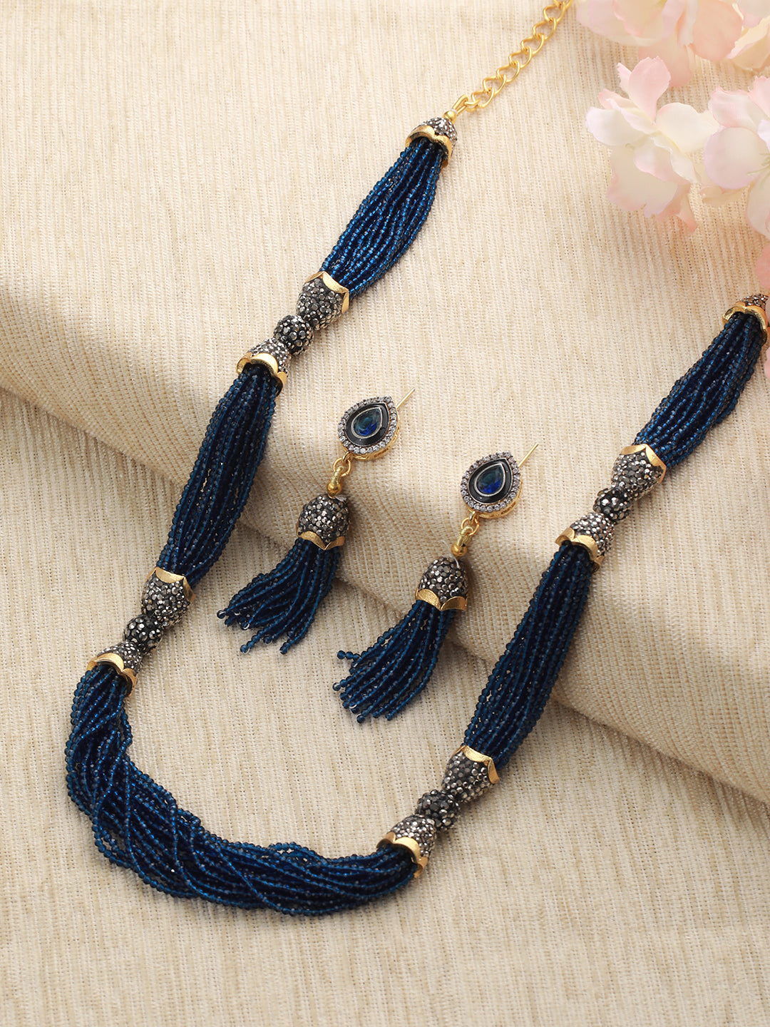 Gold-Plated Stone Studded & Beaded Necklace And Earrings