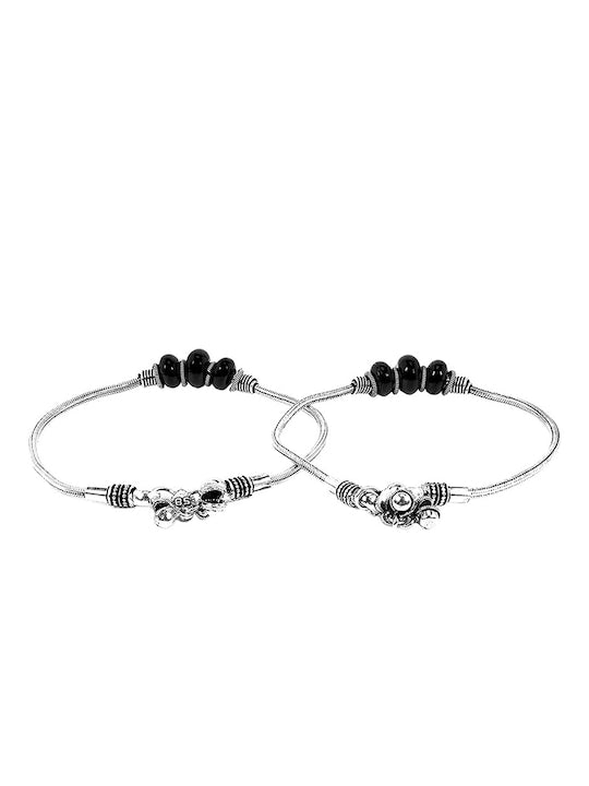 Set Of 2 Silver-Toned & Stone Beaded Oxidized Anklets
