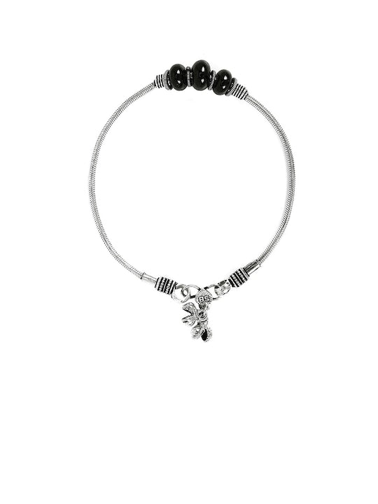 Set Of 2 Silver-Toned & Stone Beaded Oxidized Anklets