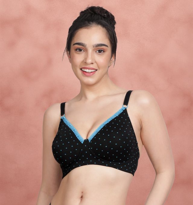 Susie 3/4th Coverage BlackBeauty Blue Polka Printed Adjustable, Non Detachable Non Padded wirefree Bra