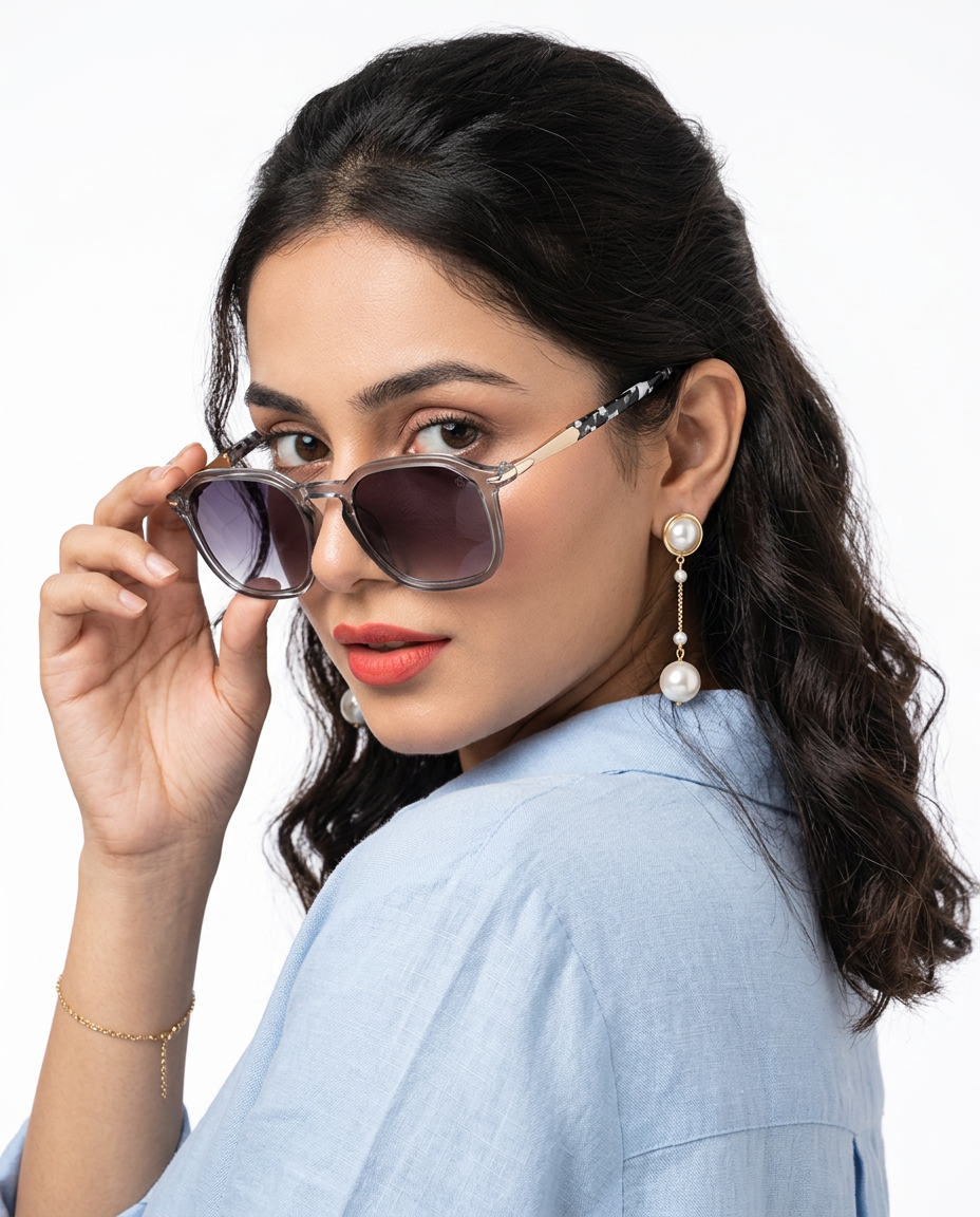 Eyejack Transparent Grey Square Sunglasses for Men and Women - Style 1086 - worn by a male model (image 3)