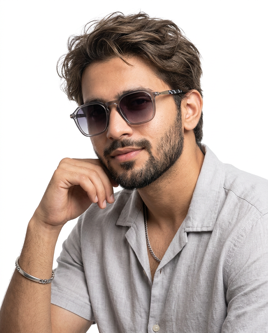 Eyejack Transparent Grey Square Sunglasses for Men and Women - Style 1086 - worn by a male model (image 1)