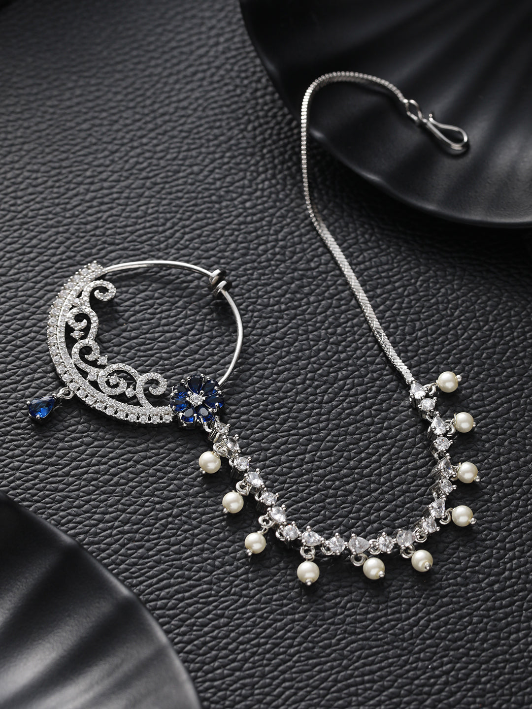 Silver Plated Blue Floral American Diamond Studded Handcrafted Nose Ring With Pearl Drop Chain