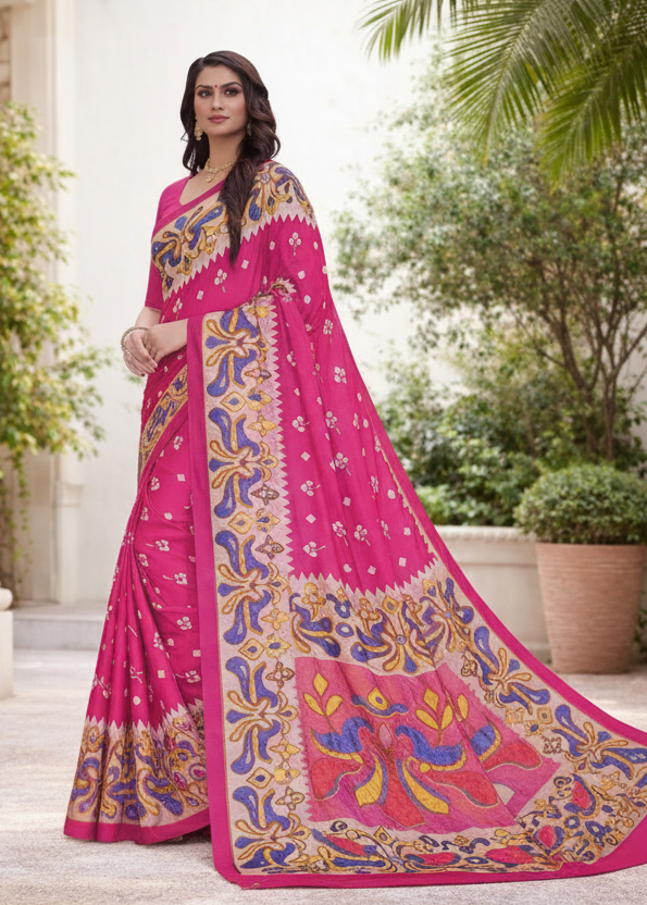 Heritage Kalamkari Art Crush Crepe Georgette Saree with Elegant Jhalar Tassel Finish Kalyani silks and sarees