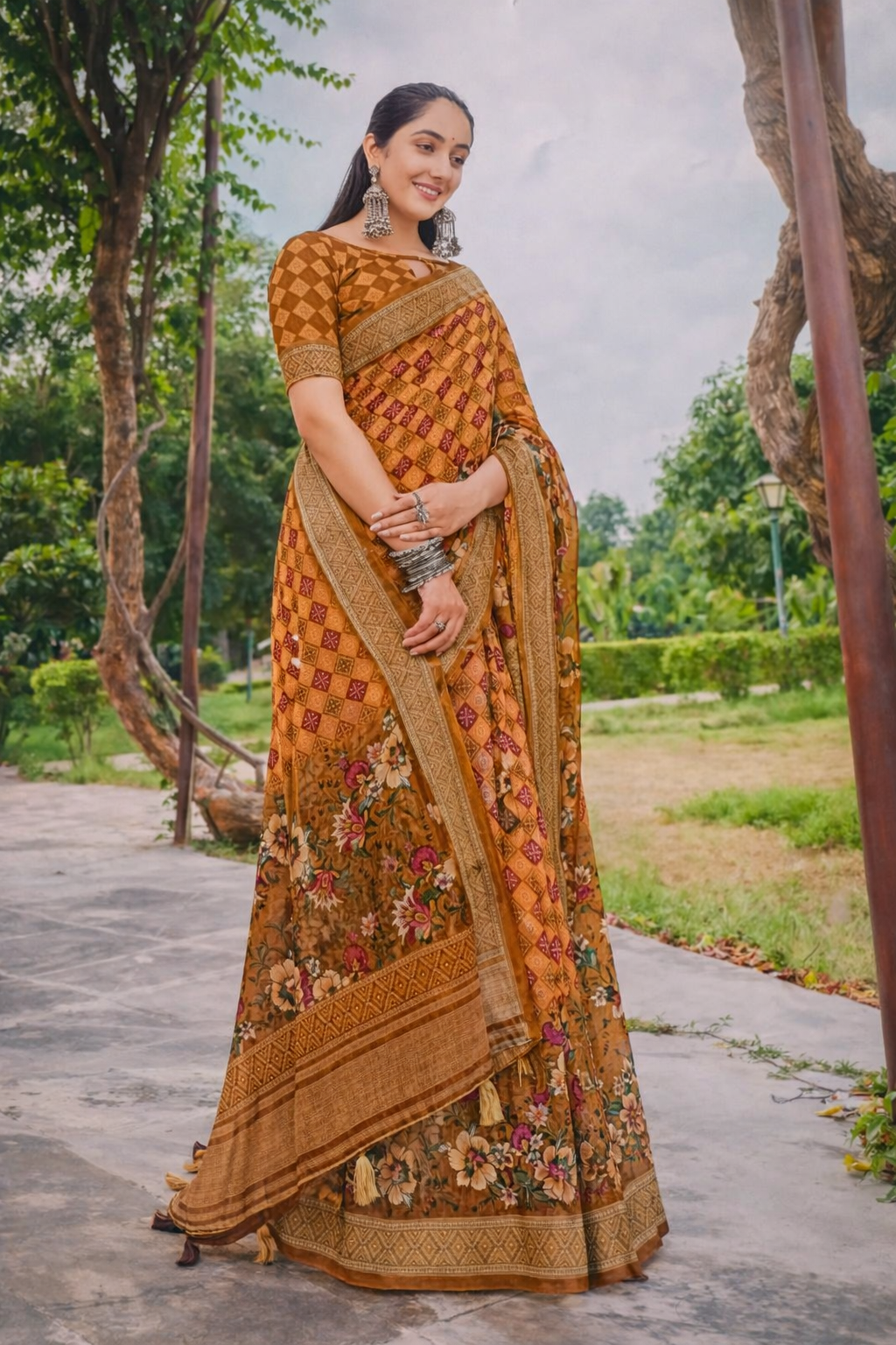 Elegant Linen Cotton Saree with Geometric Checks & Floral Pallu Design Kalyani silks and sarees