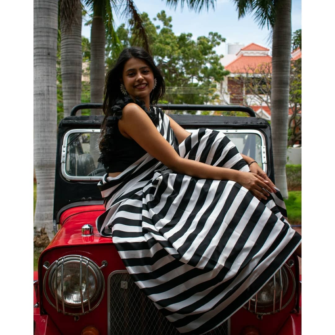 Black and White Lining Designs of Japan Satin Saree