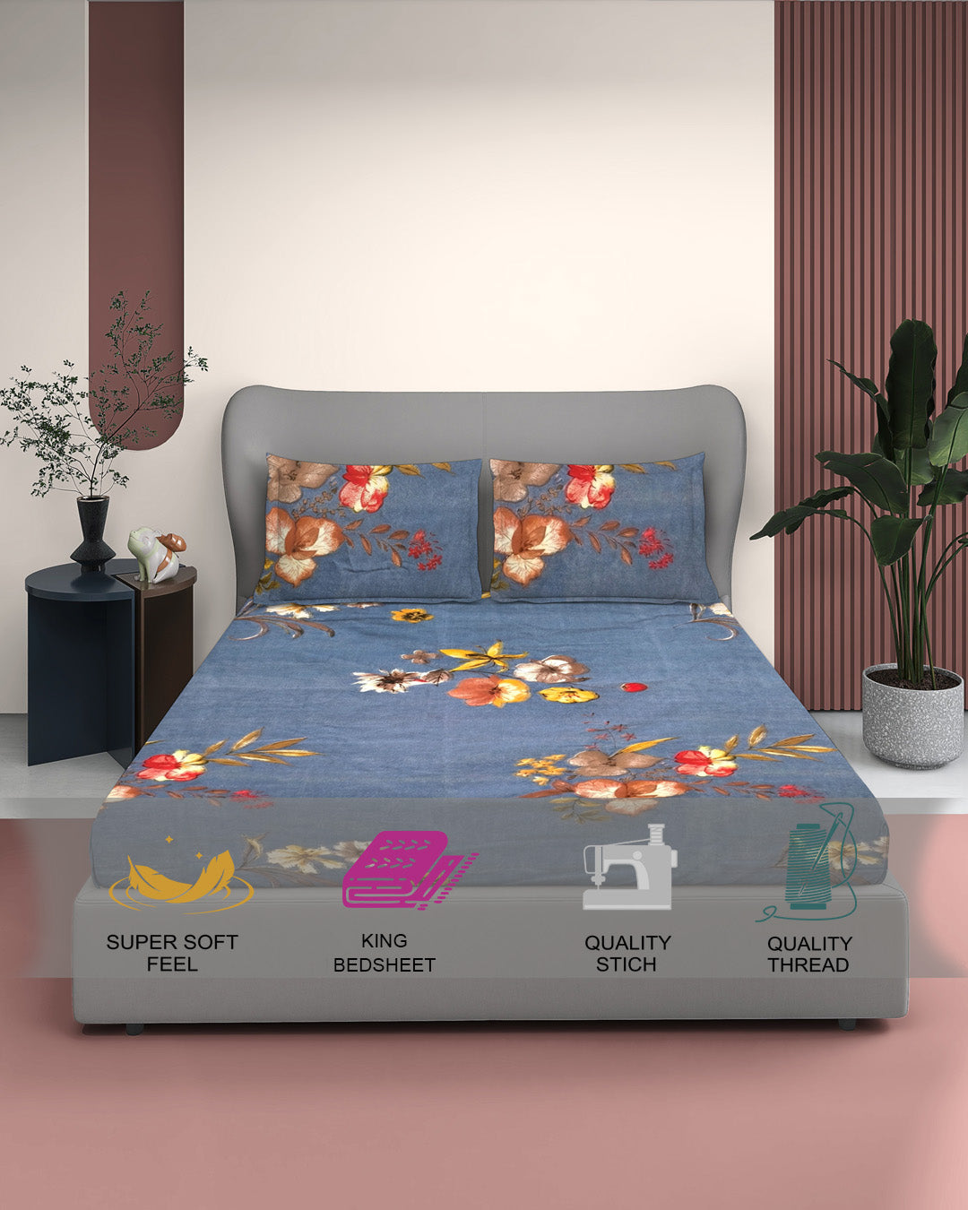 Quirky Home Cotton Rich King Bedsheet With 2 Pillow Covers