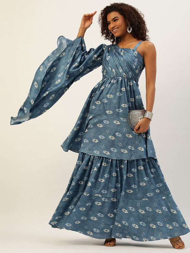 Bollywood Vogue Ready To Wear Blue Art Silk Digital Printed Gown