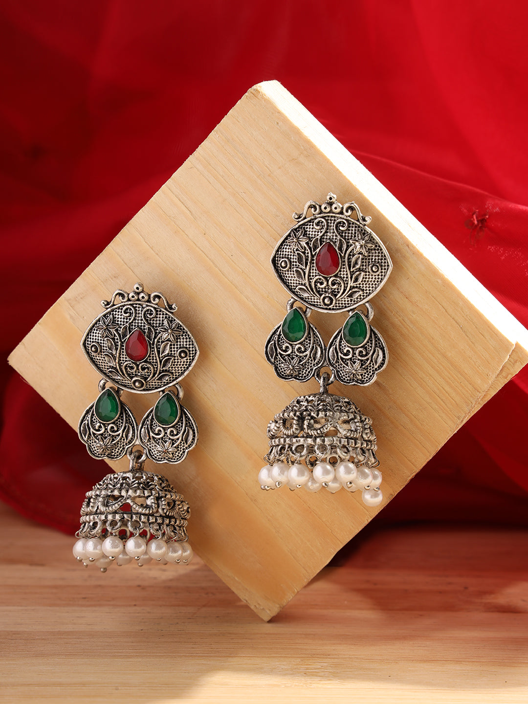 Silver-Toned Ruby & Green Oxidised Classic Drop Jhumka Earrings