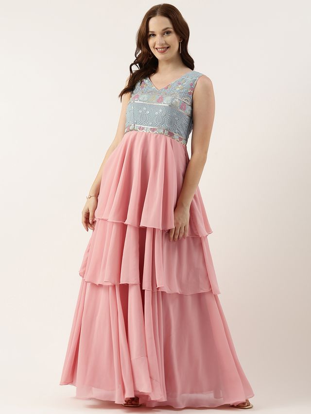Bollywood Vogue Ready To Wear Blue Georgette Embroidered V Neck Pink Gown