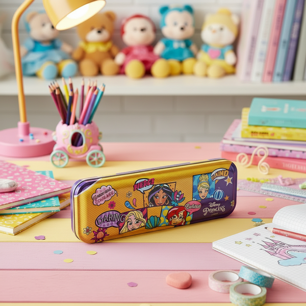 HMI Disney & Marvel Jumbo Metal Pencil Box with Oil Matte Infusion Finish, in Princess, Belle Princess, Avengers & Spider Man Characters, 2 levels (Princess) HalfPe - FW -TPT