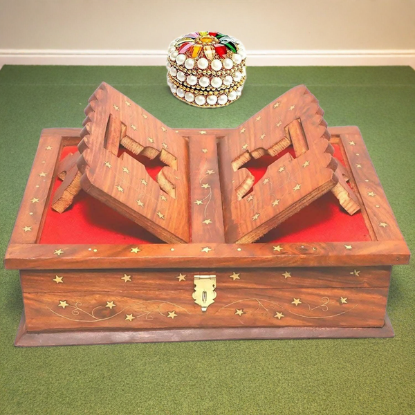 Santarms Handmade Wooden Holy Book Stand for Reading with Small Quran Box