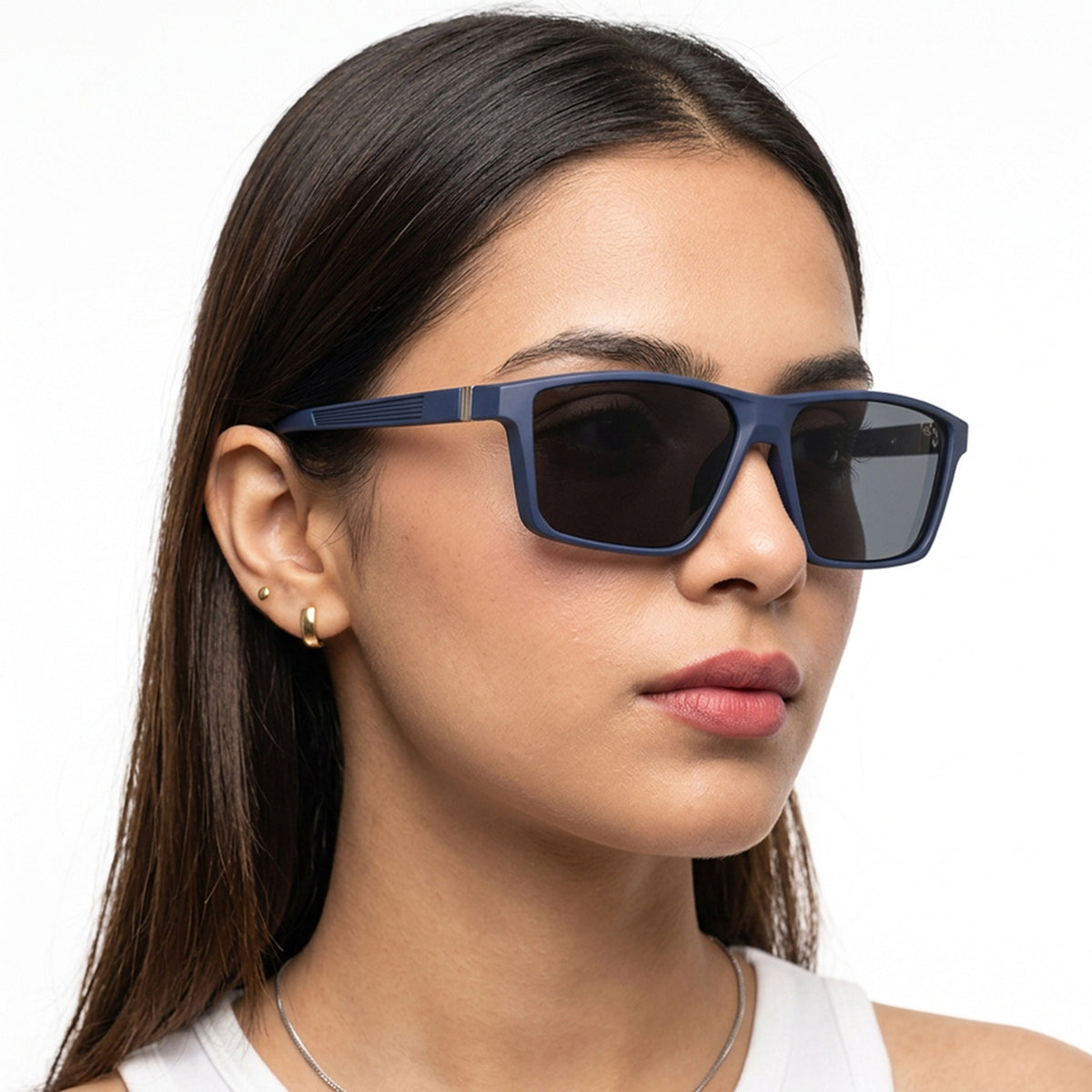 Eyejack Navy Blue Rectangle Sunglasses for Men and Women - worn by a male model (image 3)