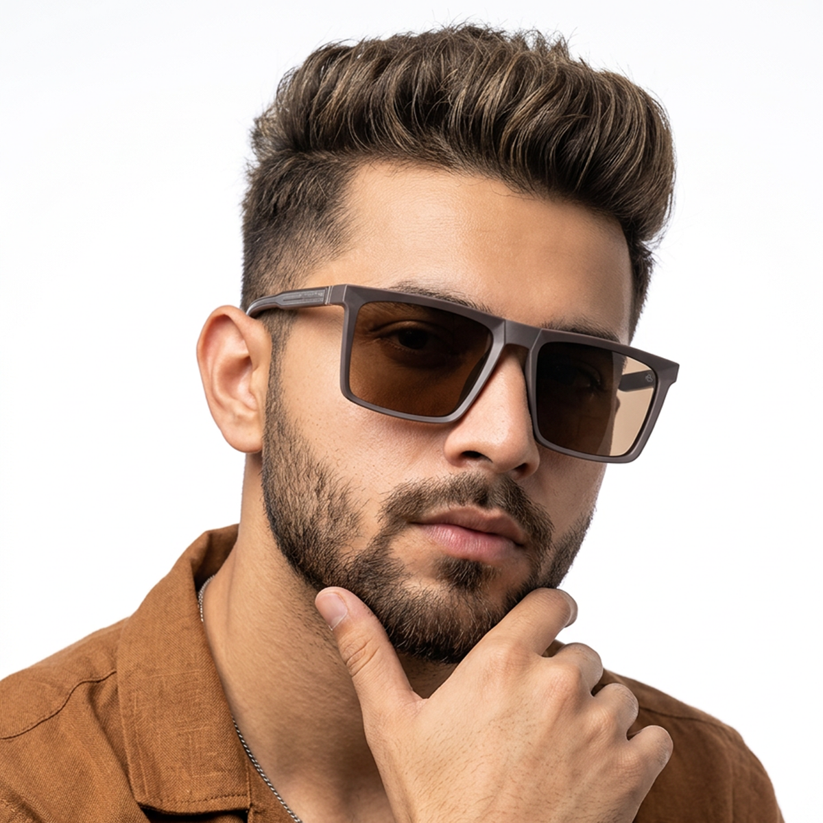 Eyejack Brown Square Sunglasses for Men and Women - Style L769 - worn by a male model (image 2)